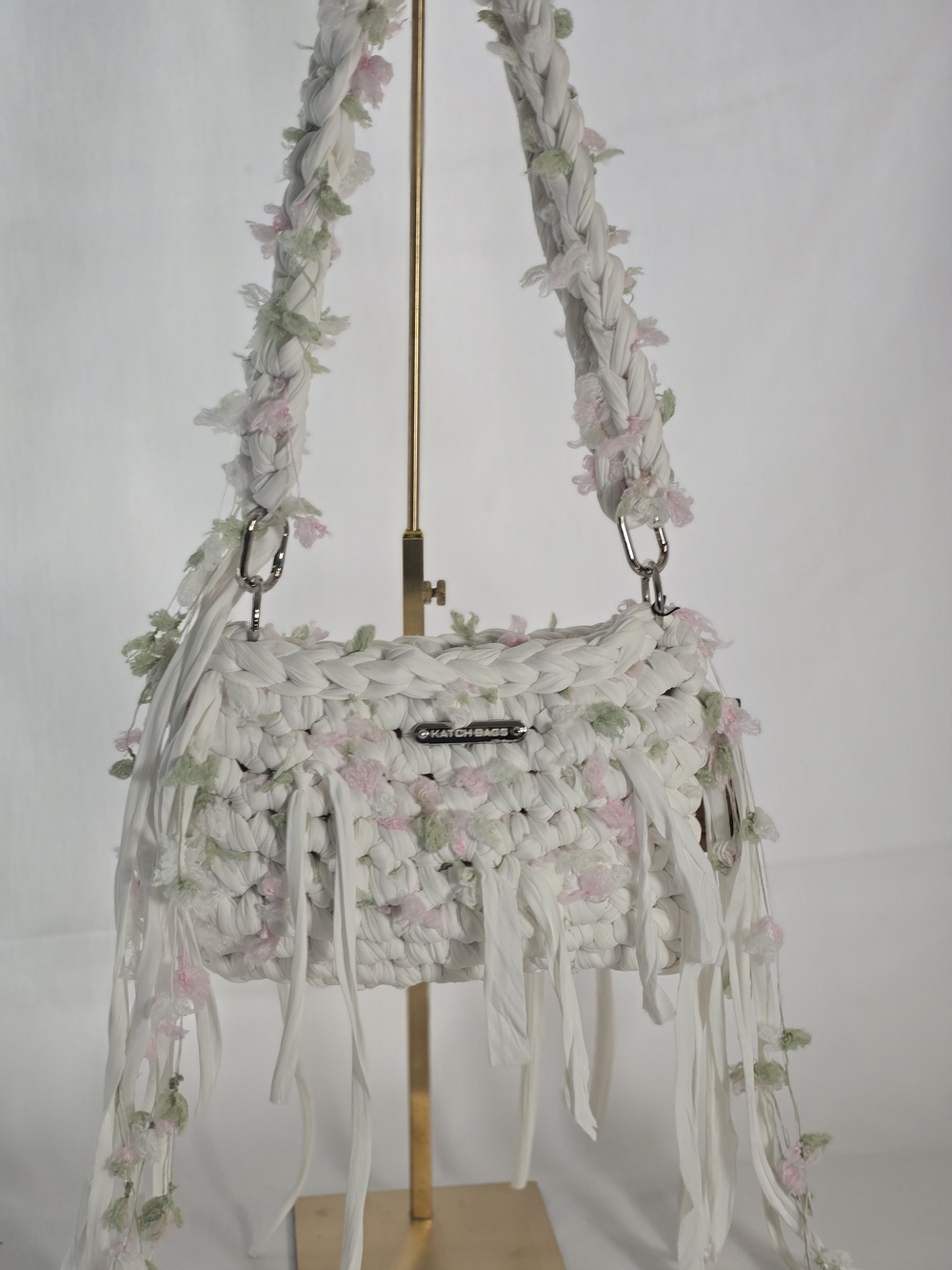 Hand Crafted White Crochet Shoulder Bag with Pink & Sage Floral Accents